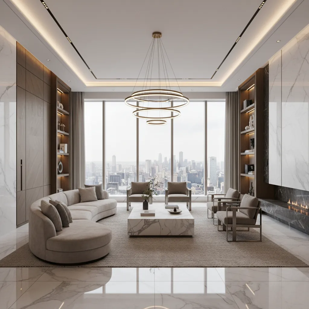 Modern living room with a curved sofa marble table city view windows and ceiling light