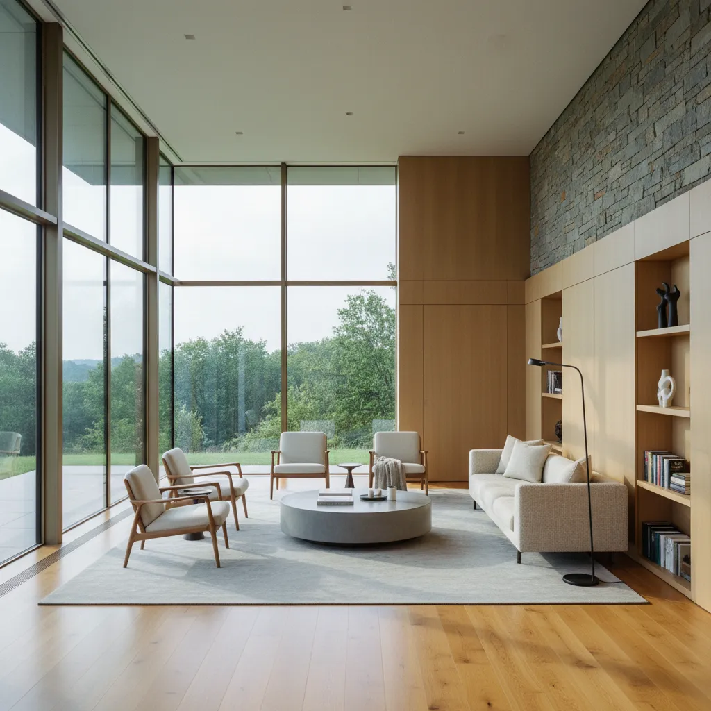 Modern living room with wooden floor white sofa round coffee table rug and large windows