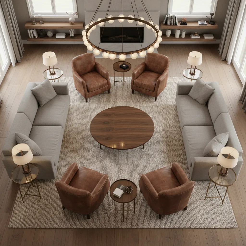 Luxury living room layout with leather chairs and central table arrangement