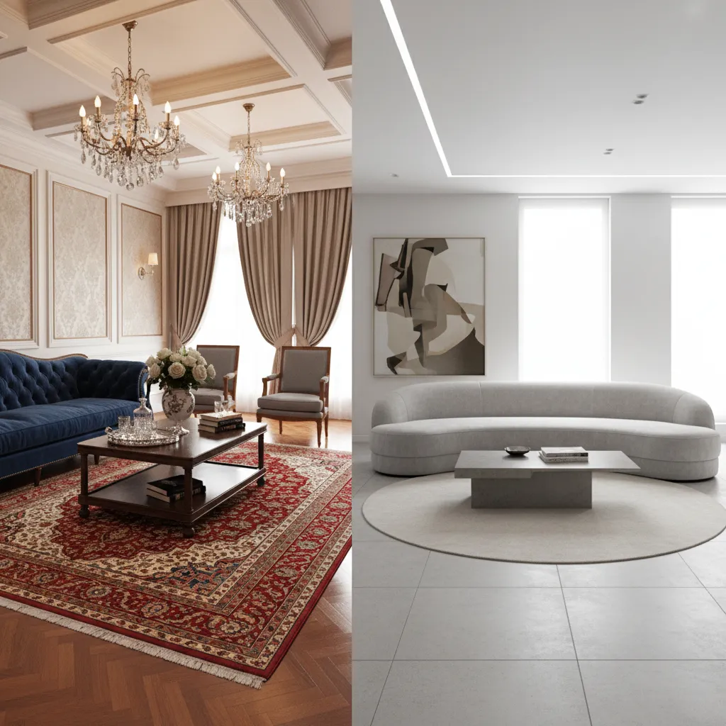 comparison of furniture layout between traditional luxury and modern luxury living room