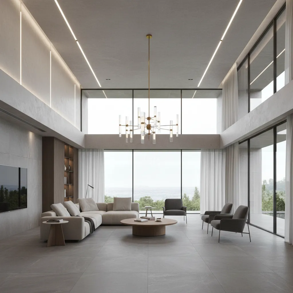 luxury living room with large grey slab tiles and minimalist decor
