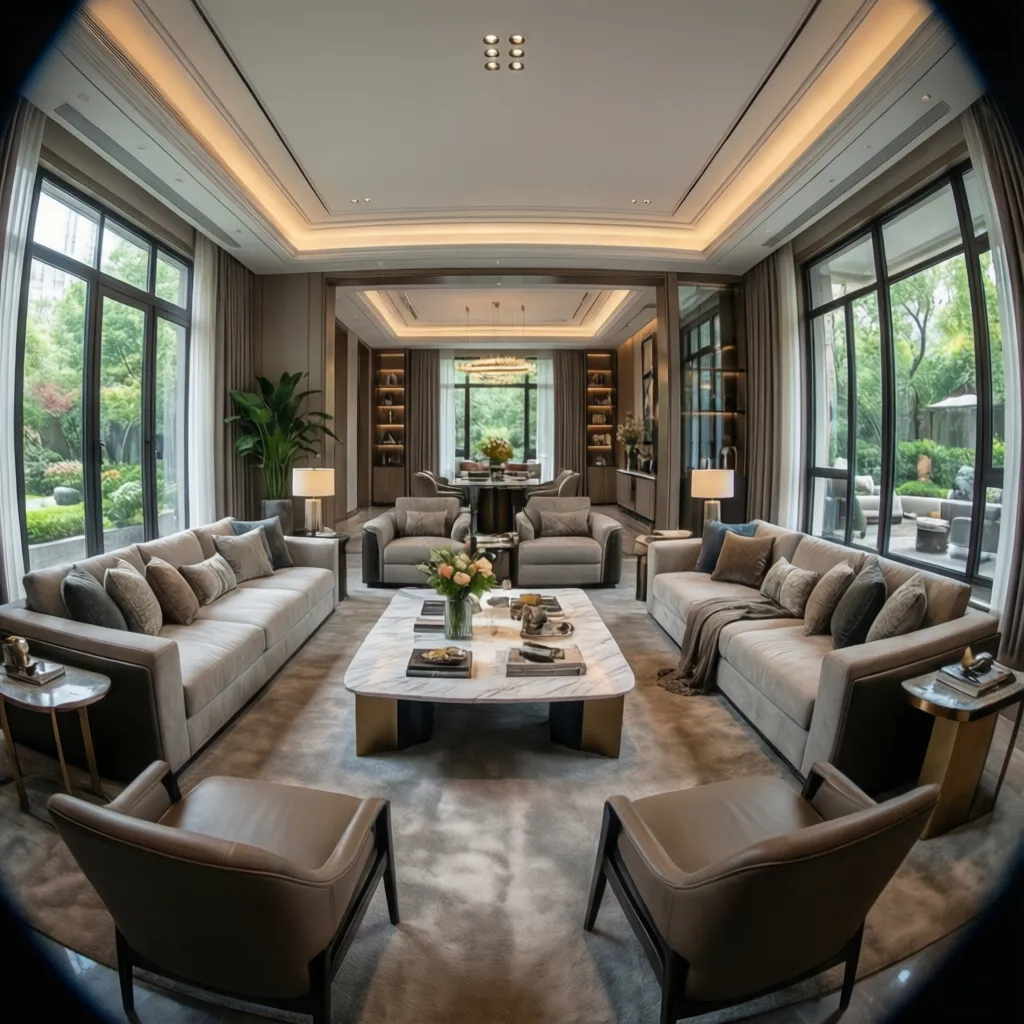 Luxury living room with grey sofas marble coffee table large windows and warm ceiling light