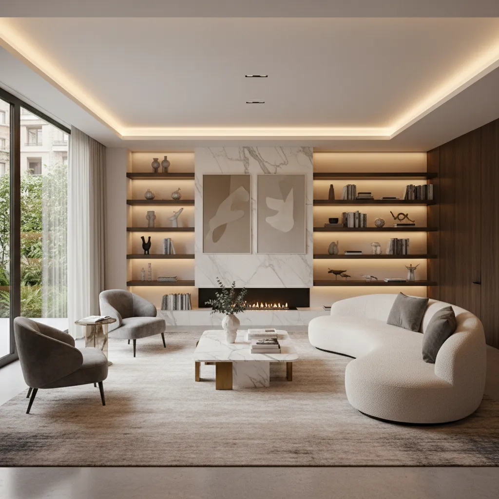 Modern living room with white curved sofa, marble fireplace, bookshelves, and two grey lounge chairs