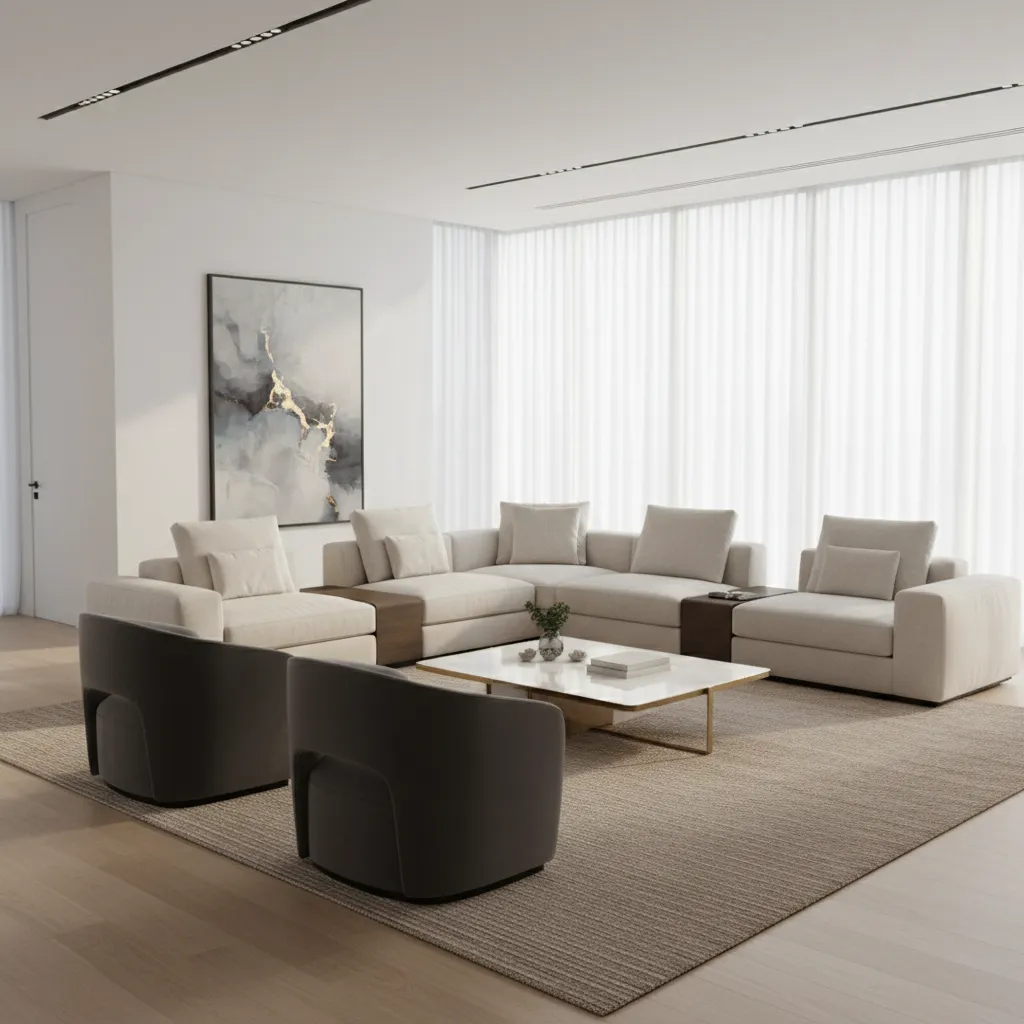 Luxury living room layout with central seating arrangement and large area rug