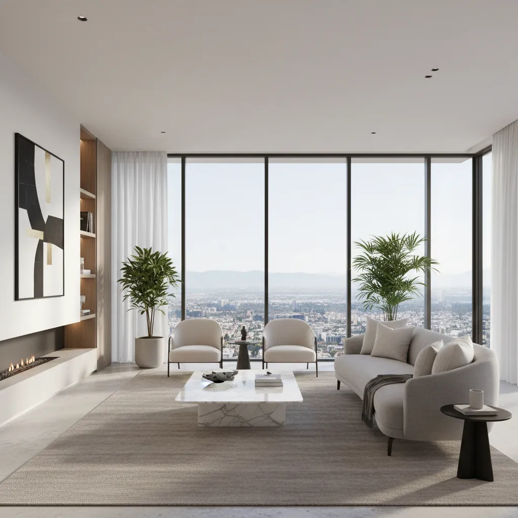 Salón amplio de casa de lujo con ventanales grandes y muebles elegantes