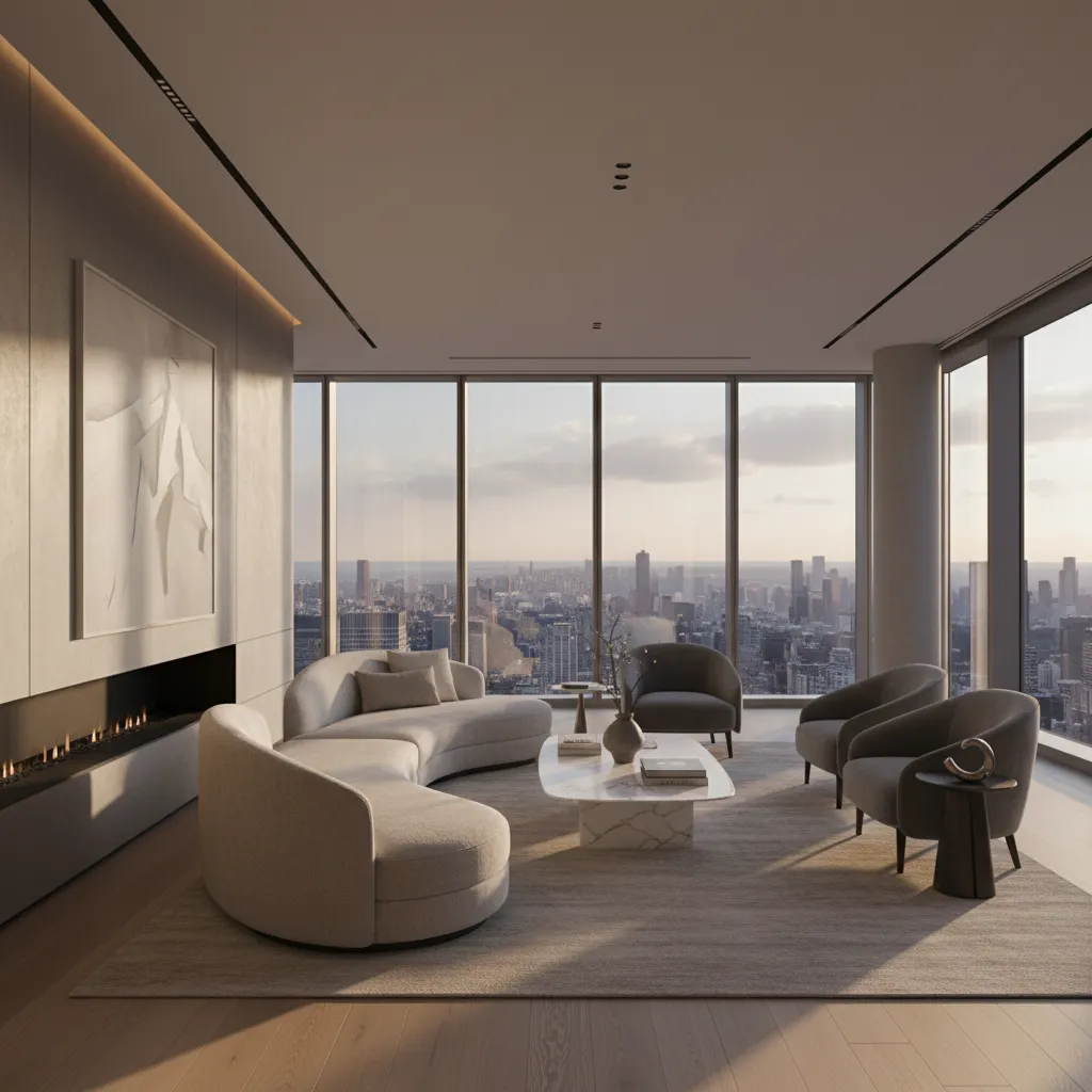 Salón amplio de casa de lujo con ventanales y decoración minimalista