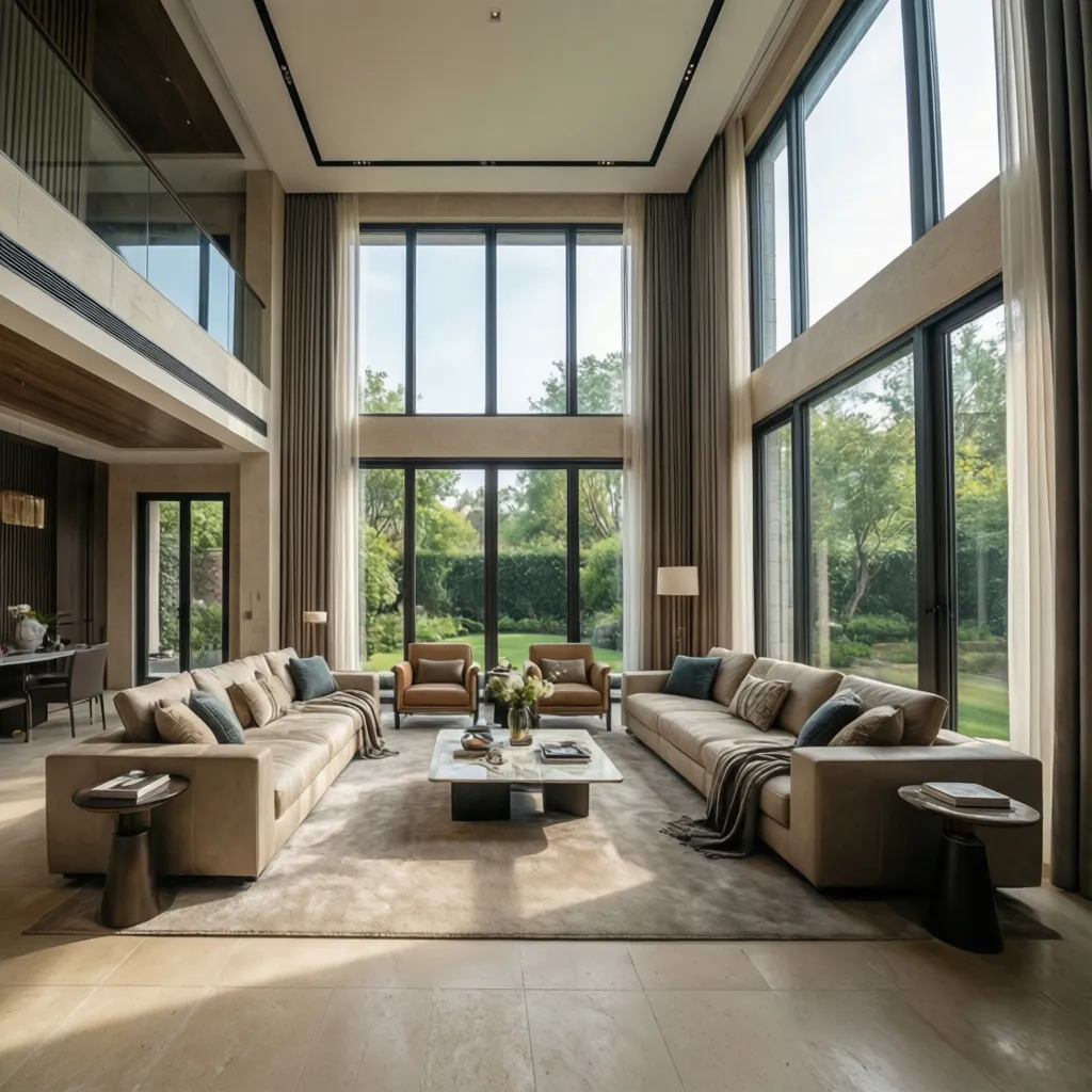 Large open living room with high ceilings big windows garden view and two beige sofas