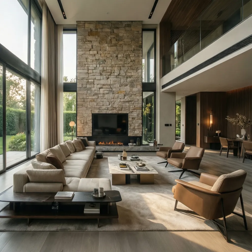 Salón amplio de una casa de lujo con diseño moderno y ventanales grandes