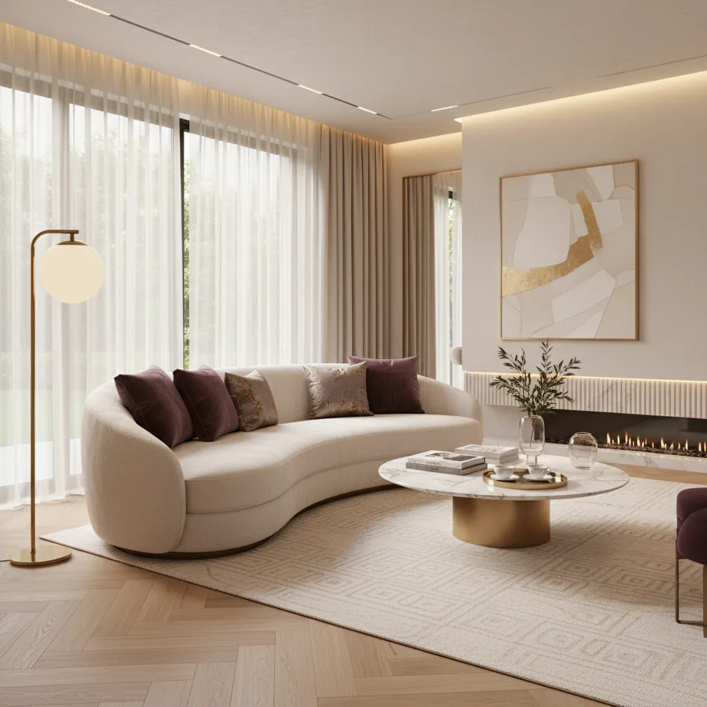 Luxury living room featuring plum velvet accent pillows with brass decor