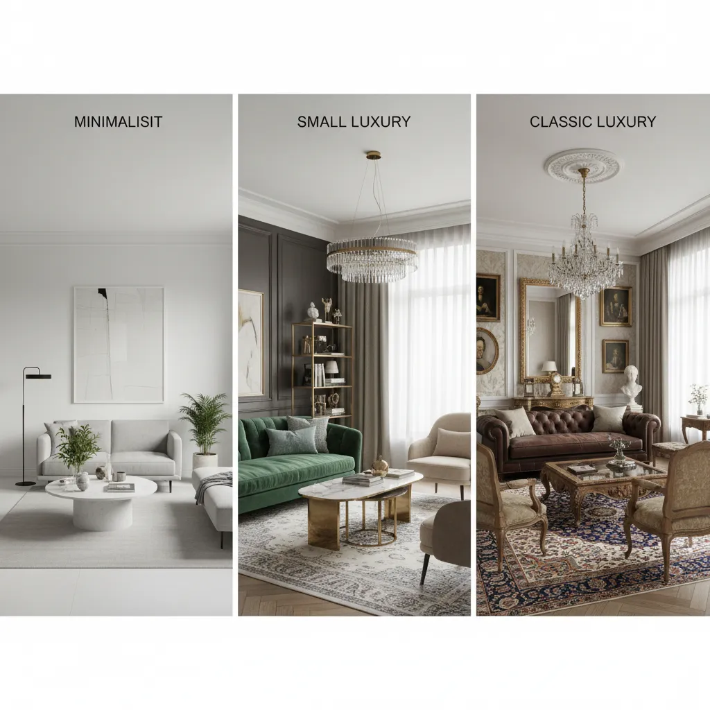 visual comparison of minimalist luxury and classic living room layouts