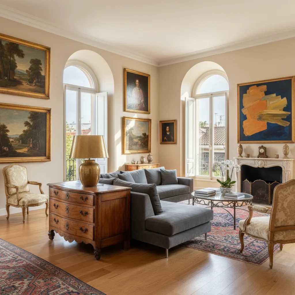 Salón sofisticado en un piso de Madrid con mobiliario contemporáneo y arte clásico
