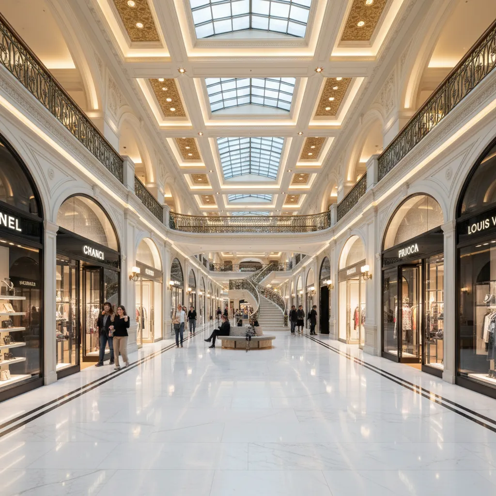 Luxury shopping mall corridor with wide walkway and premium storefronts