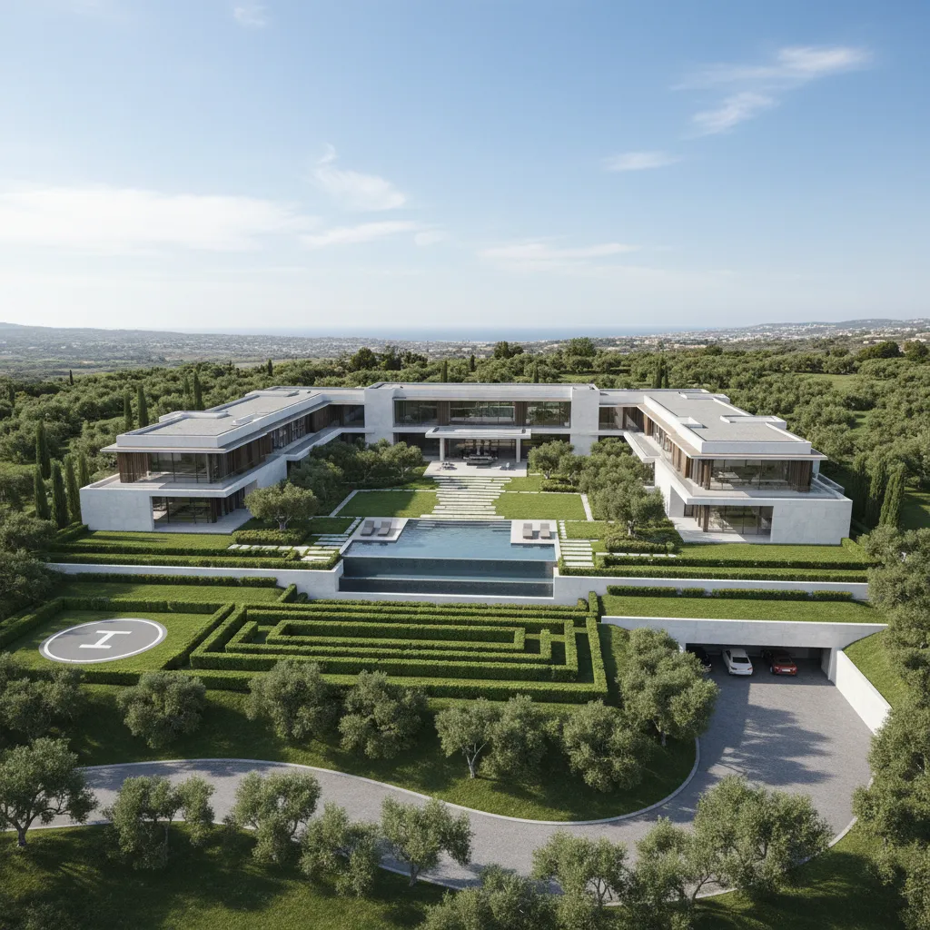 3D architectural rendering of a large luxury mansion estate design
