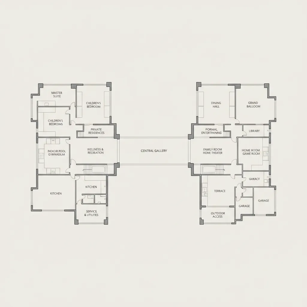 concept diagram of luxury mansion zoning layout with multiple wings