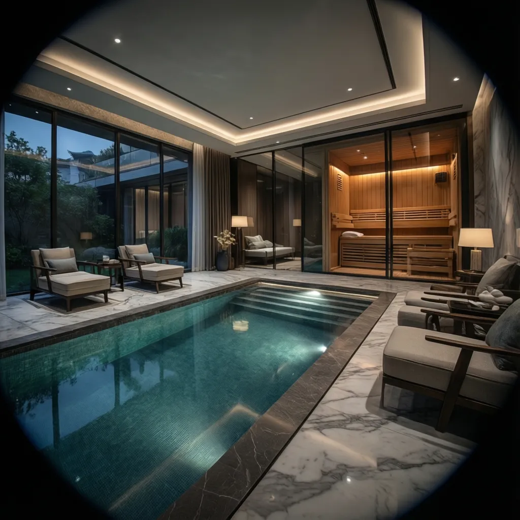 Indoor luxury wellness spa with pool sauna and lounge inside a mega mansion