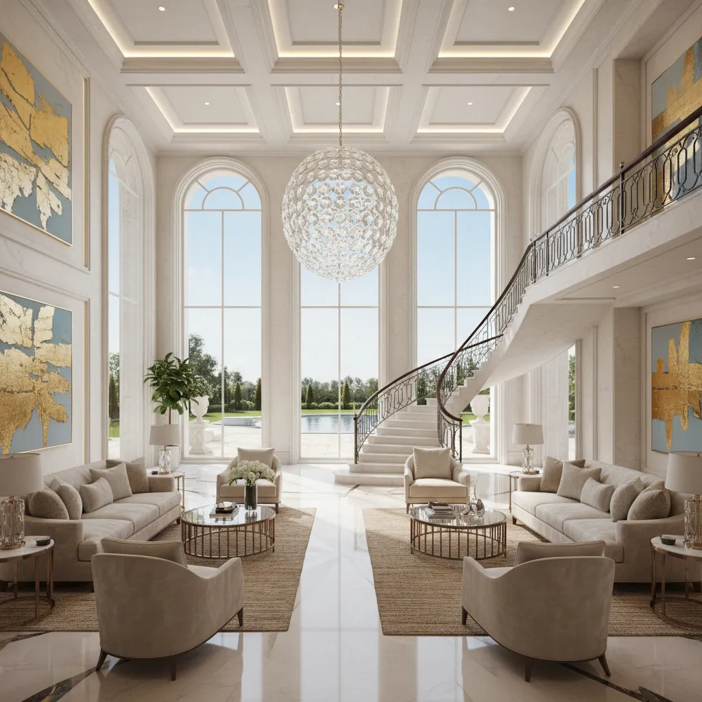 high end luxury mansion interior rendering showing scale and materials
