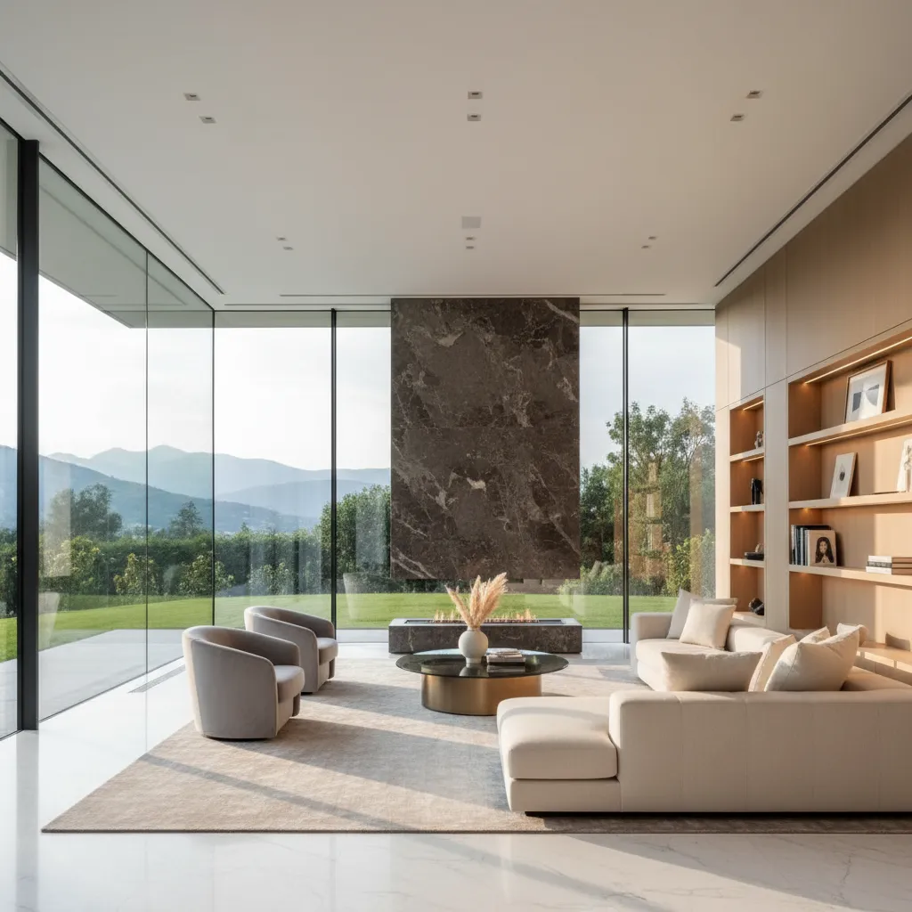 Modern living room featuring floor to ceiling windows beige sofa marble fireplace and mountain landscape