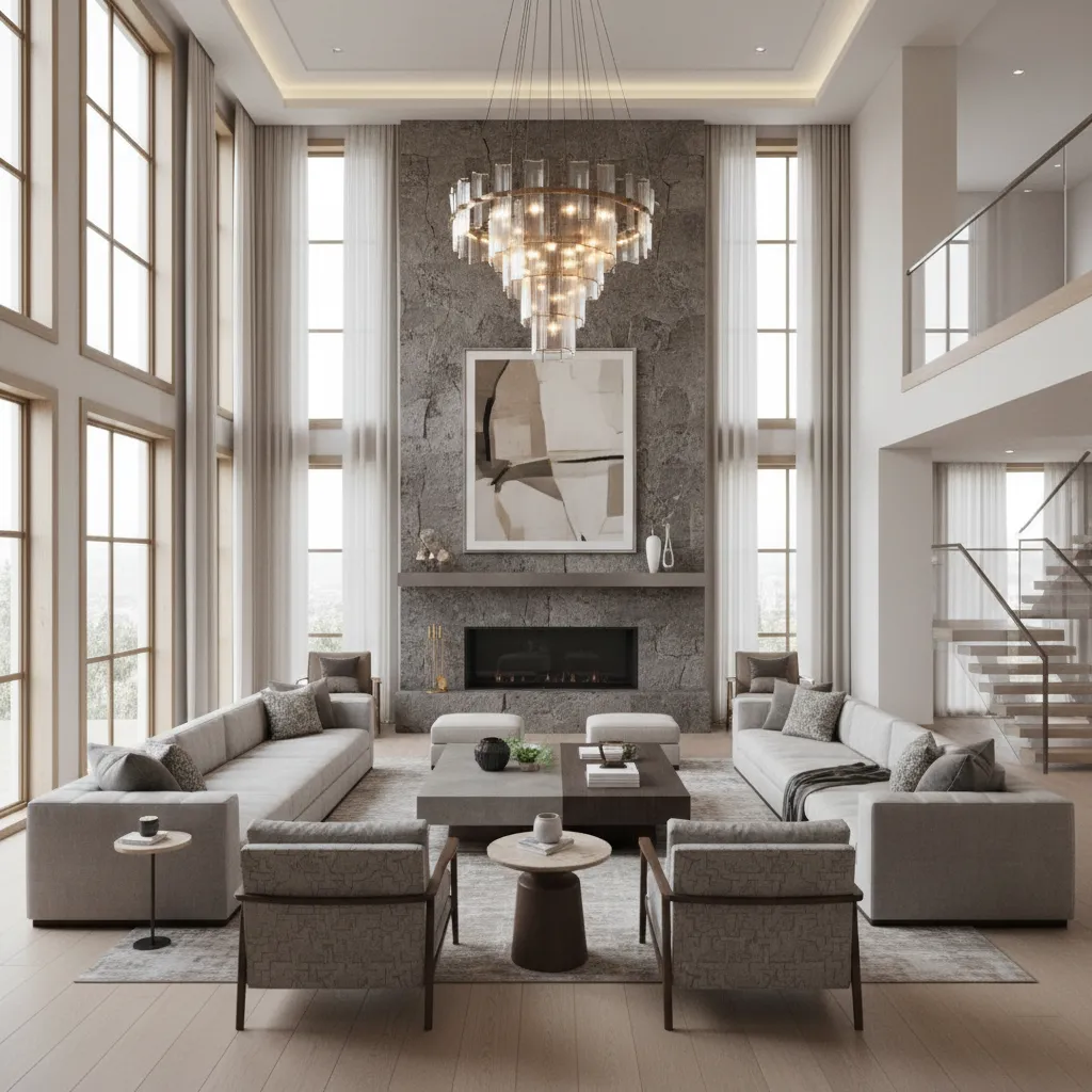 Open plan great room in a large luxury mansion with double height ceiling