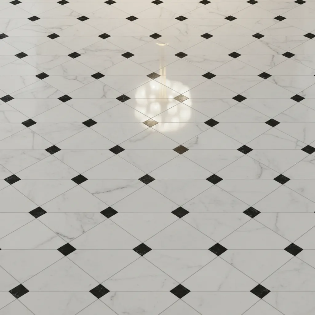 Close up of luxury marble basket weave tile floor in high end bathroom