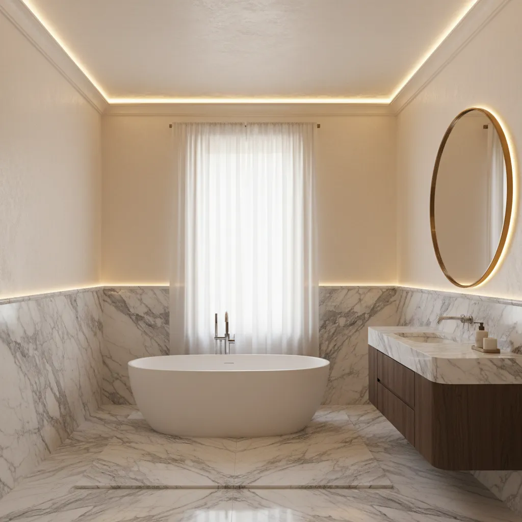 Luxury bathroom with marble tile and stone chair rail ledge
