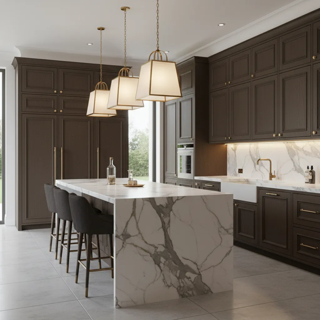Luxury kitchen featuring brown cabinets and dramatic marble countertops