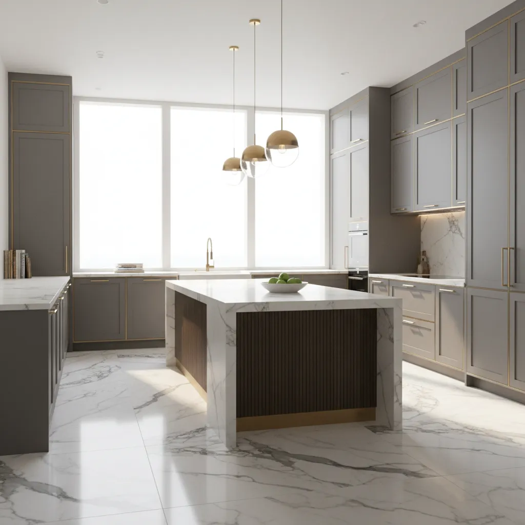 Luxury kitchen with white marble floor and dramatic veining