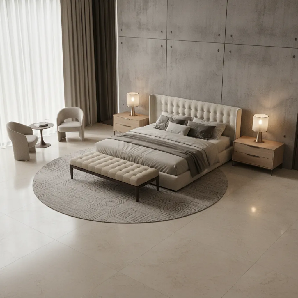 large master bedroom with balanced bed wall and seating area layout