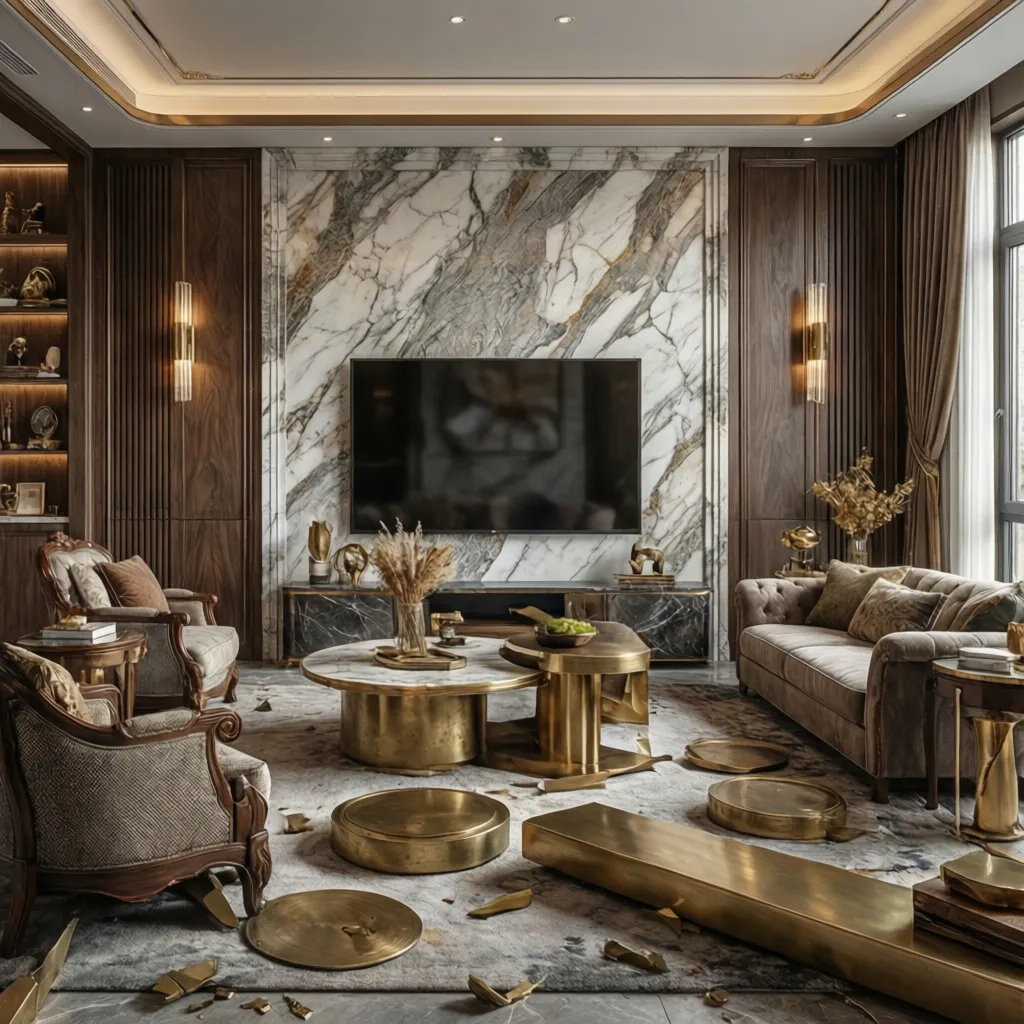 Detalle de materiales de lujo como mármol, madera y metal cepillado