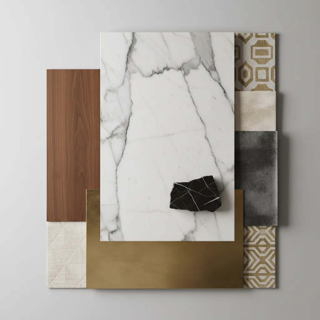 Interior design material board with white marble wood panel gold metal grey stone and fabric