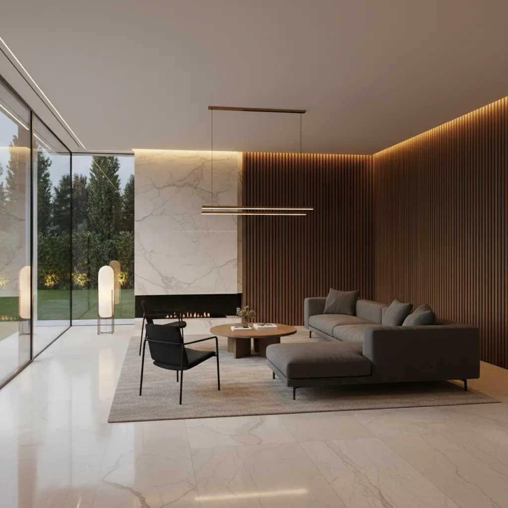 Modern living room with grey sofa wooden wall panels marble fireplace ceiling light and windows