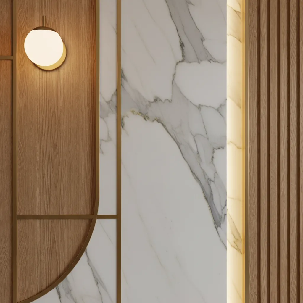 Detalle de materiales de lujo en interior con mármol y madera