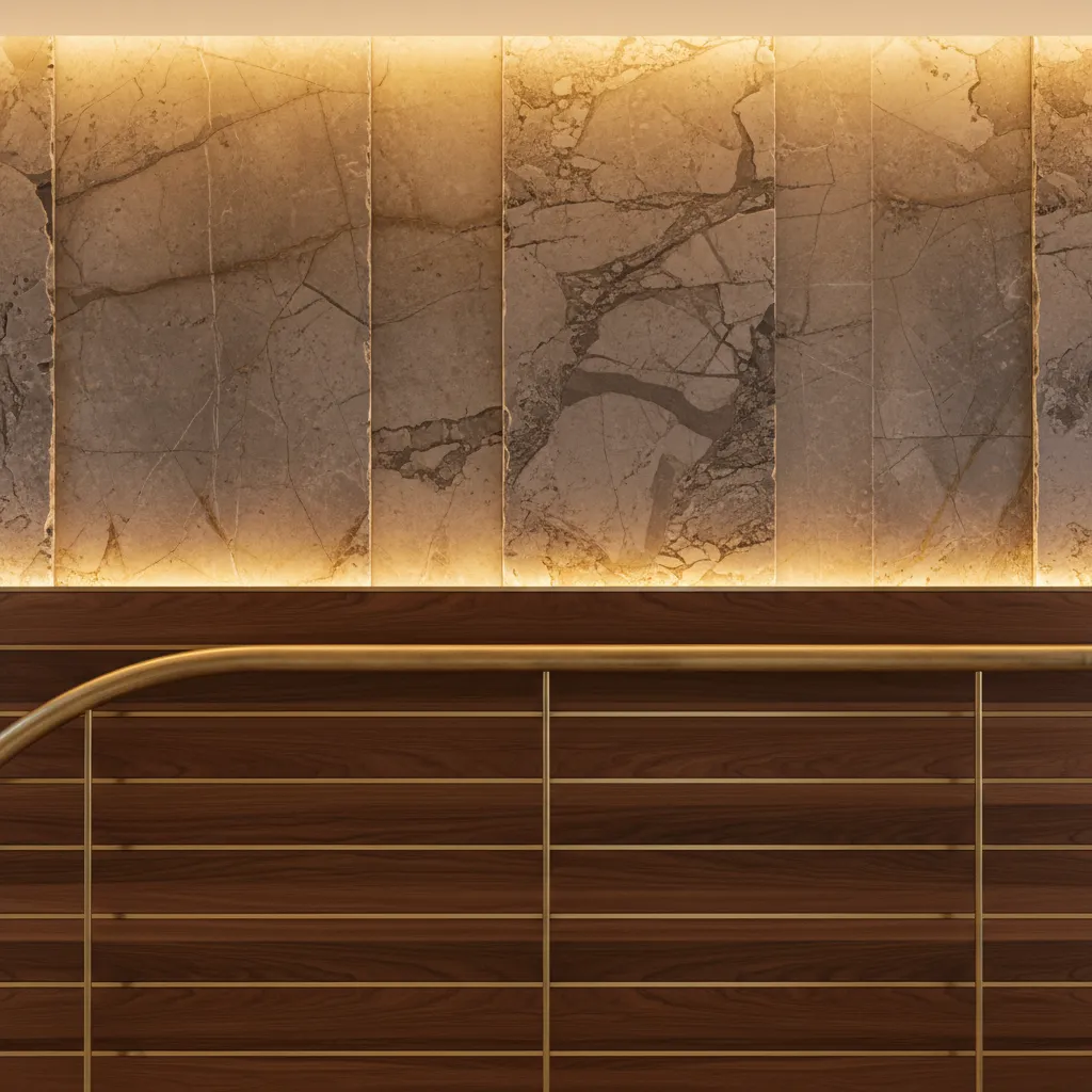 Luxurious stone wall panels above dark wood paneling with a gold metal rail and lighting