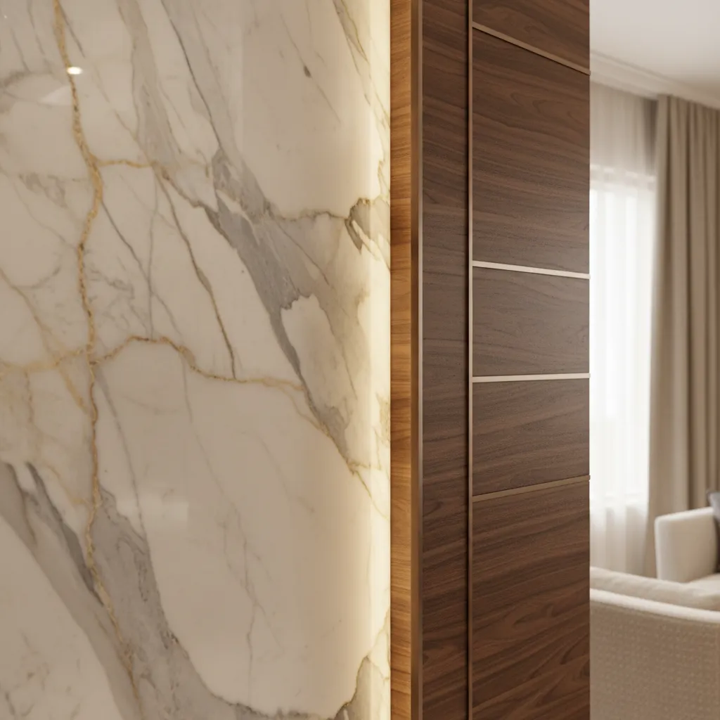 Luxury interior details with marble wall panel wood wall panel and hidden warm light fixture