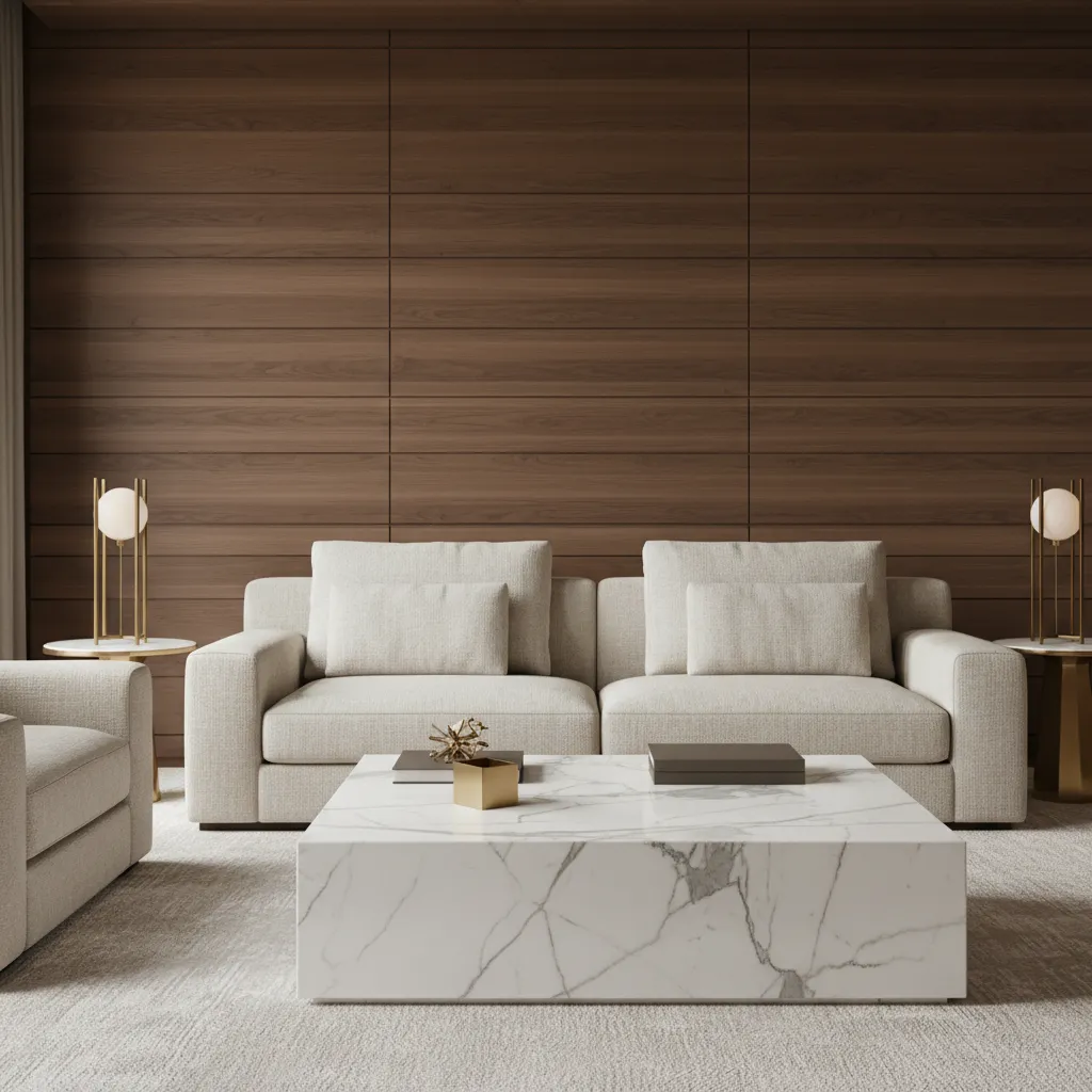 Living room featuring marble coffee table wood wall panel and linen sofa