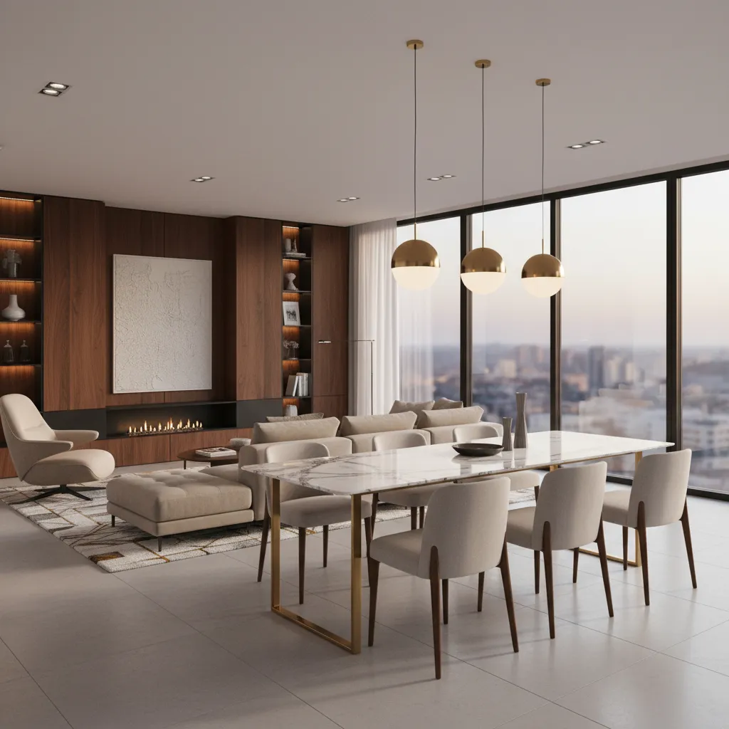 Modern luxury dining living room using marble table walnut furniture and brass lighting