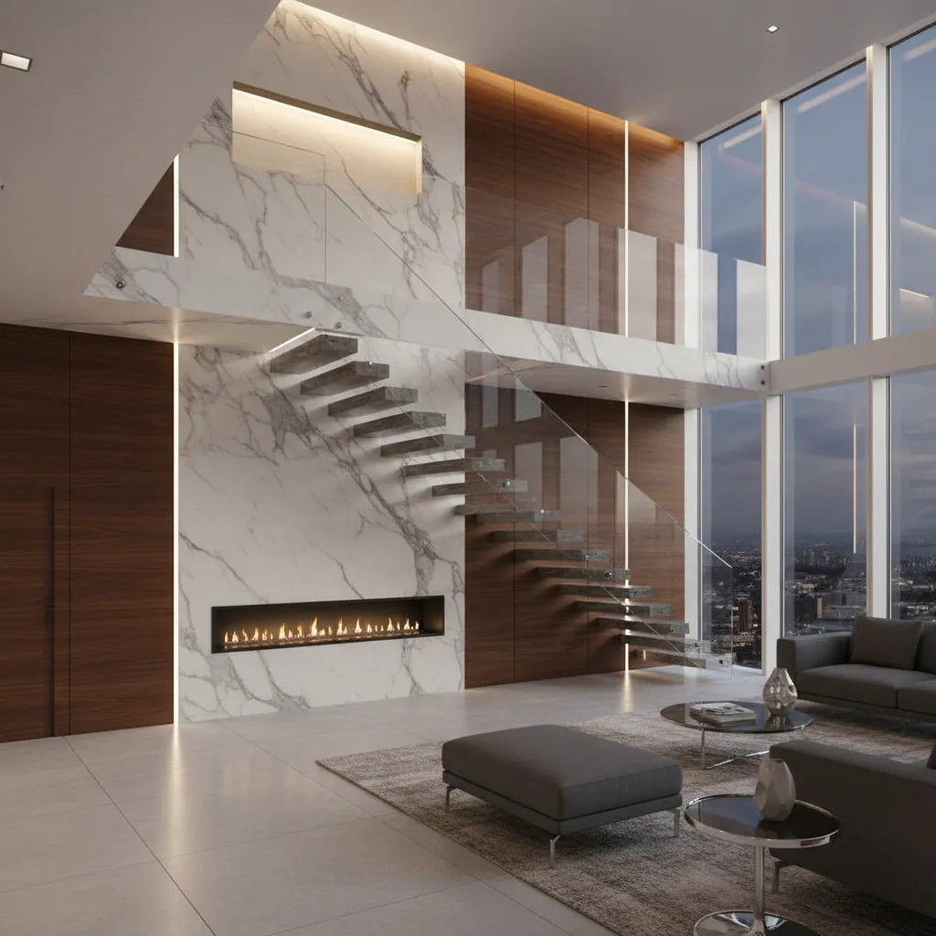 Interior de lujo con mármol, vidrio y madera oscura