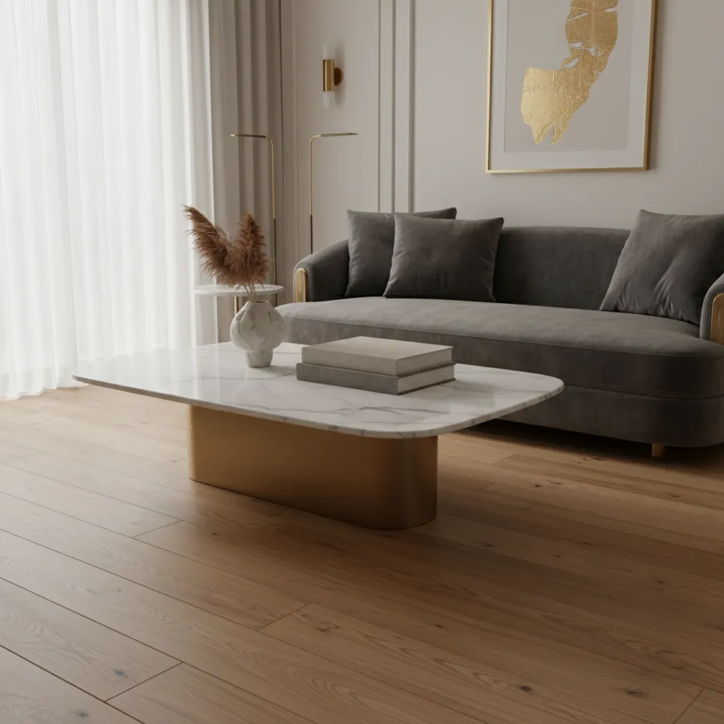 Small luxury living room featuring marble coffee table velvet sofa and brass accents