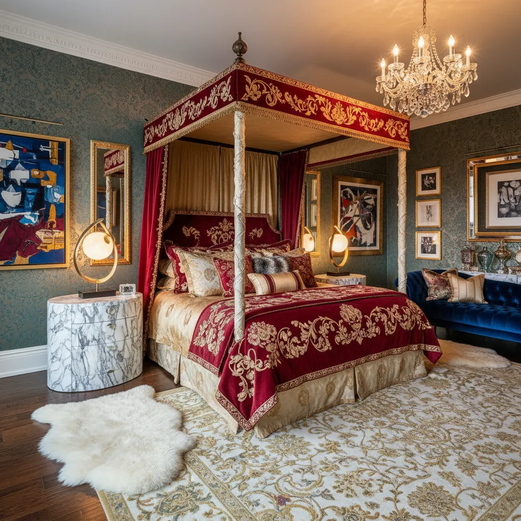 Dormitorio de lujo con mezcla de texturas y arte