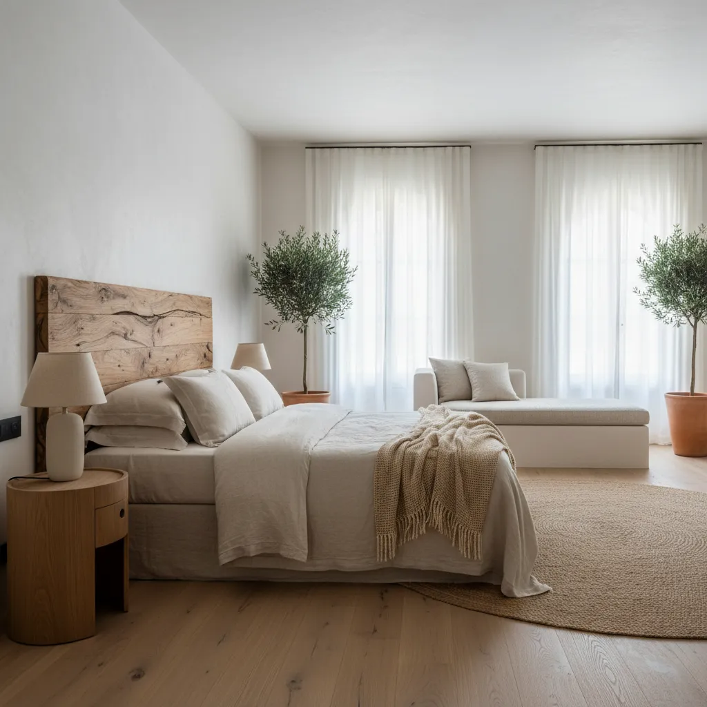 Dormitorio de lujo mediterráneo con materiales naturales