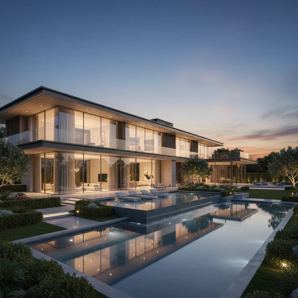 Large modern mega mansion illuminated at dusk with pool and landscaped gardens