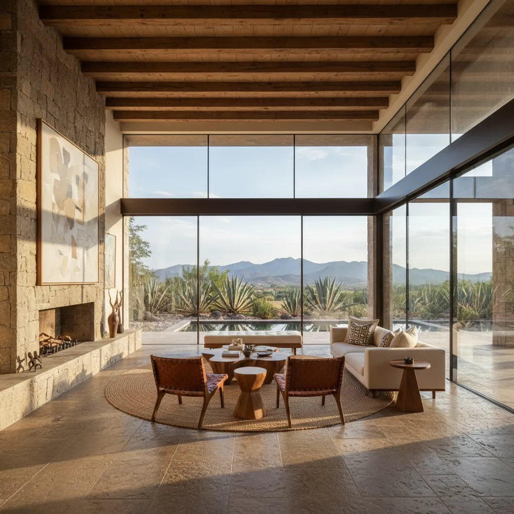 Luxury mountain view living room with glass walls sofa chairs and wooden beam ceiling design