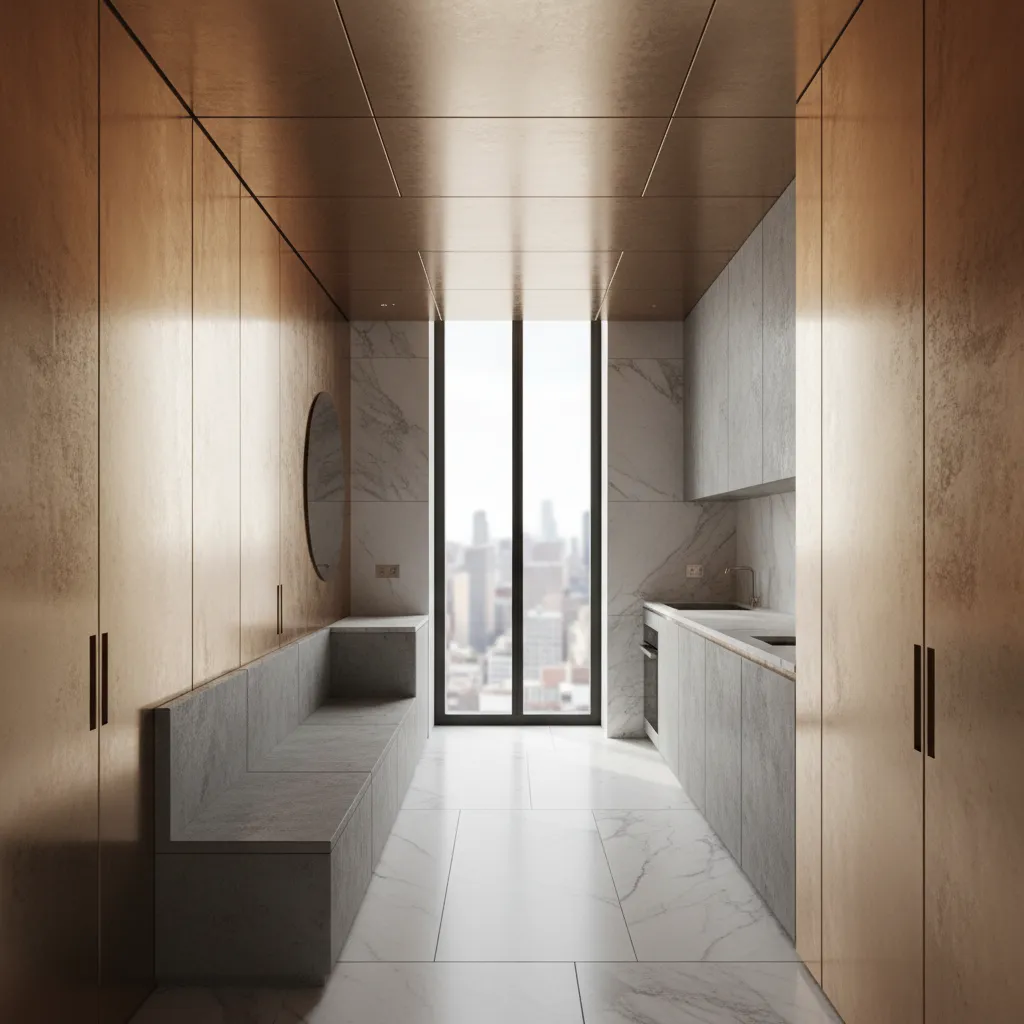 Interior design drawing of a narrow kitchen with gold wall panels and a city view window