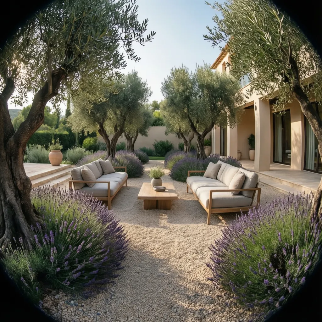 Jardín minimalista con olivos, lavanda y grava decorativa