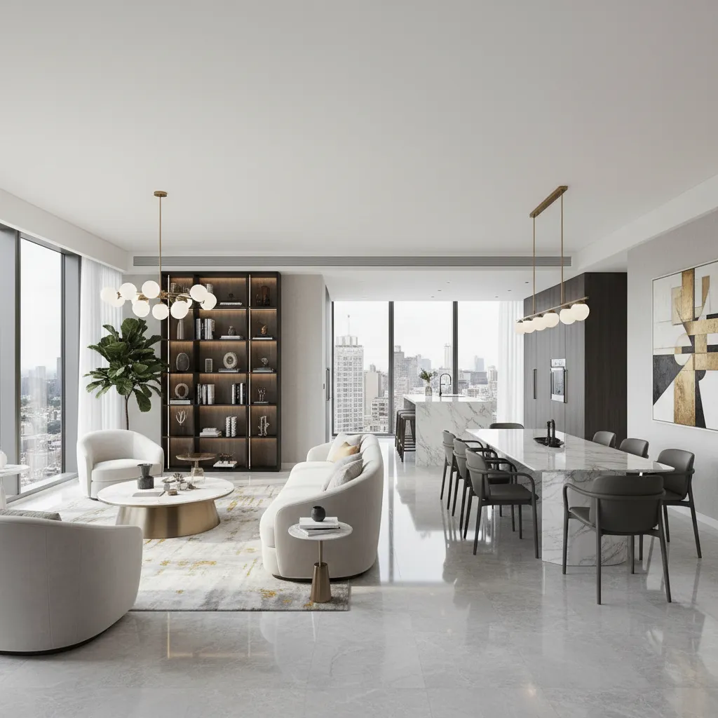 Modern open plan living room white curved sofa marble dining table chairs and city view