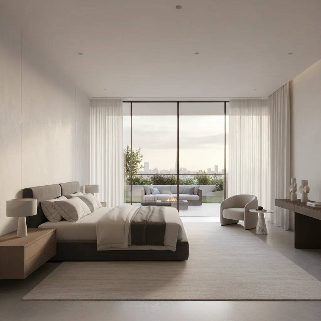 Dormitorio principal moderno en casa de lujo con terraza