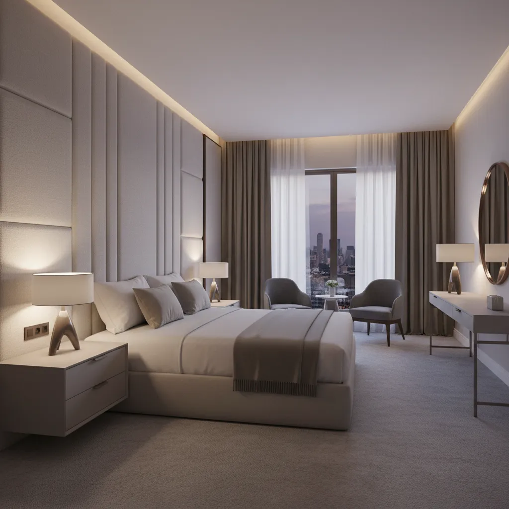 modern luxury hotel bedroom layout with king bed and warm lighting