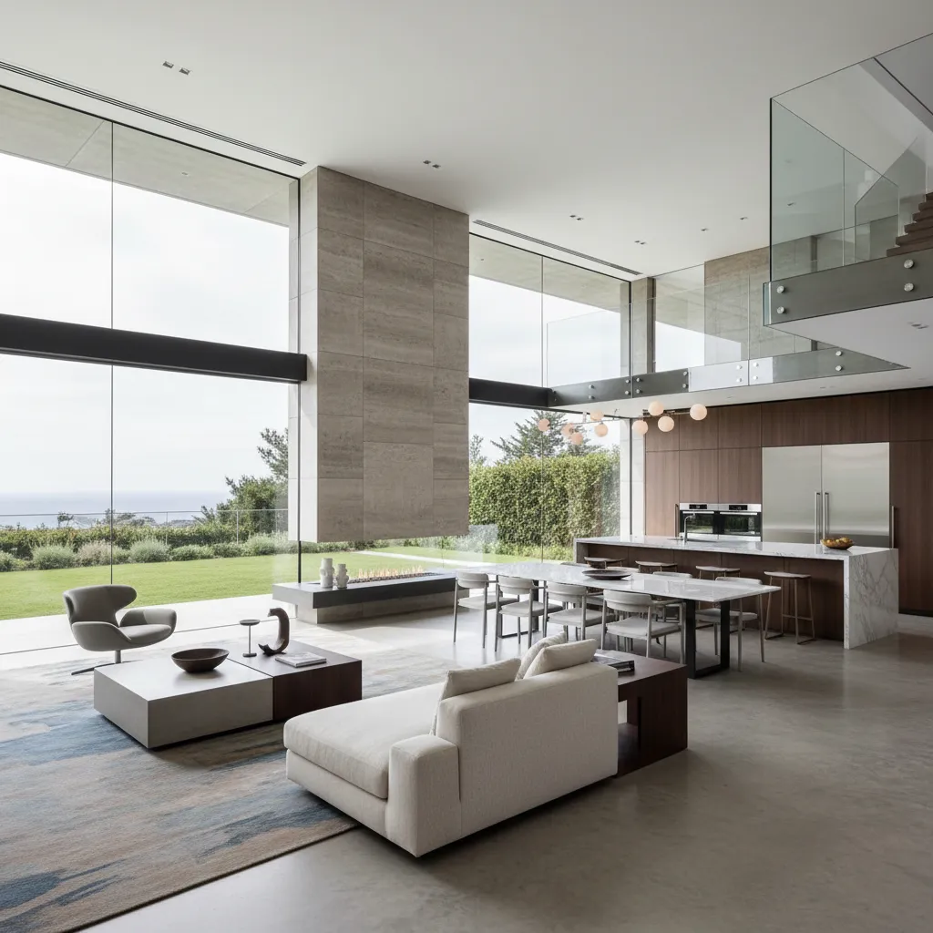 Interior de casa moderna de lujo con espacio abierto y ventanales grandes
