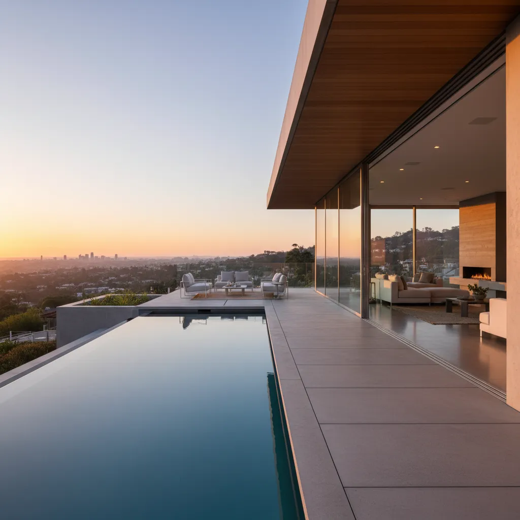 Terraza moderna con piscina alineada con el salón en una vivienda contemporánea