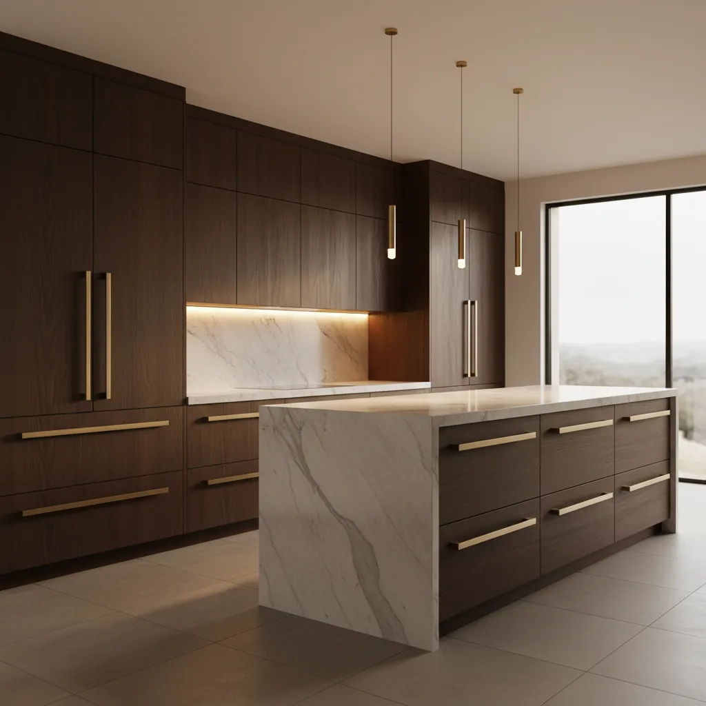 Luxury contemporary kitchen with oversized linear cabinet handles