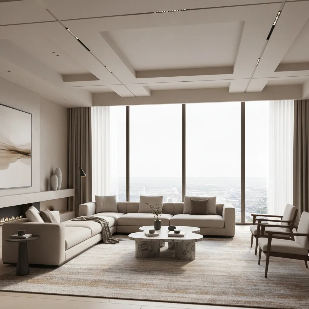 Luxury modern living room with neutral tones, large windows and designer furniture